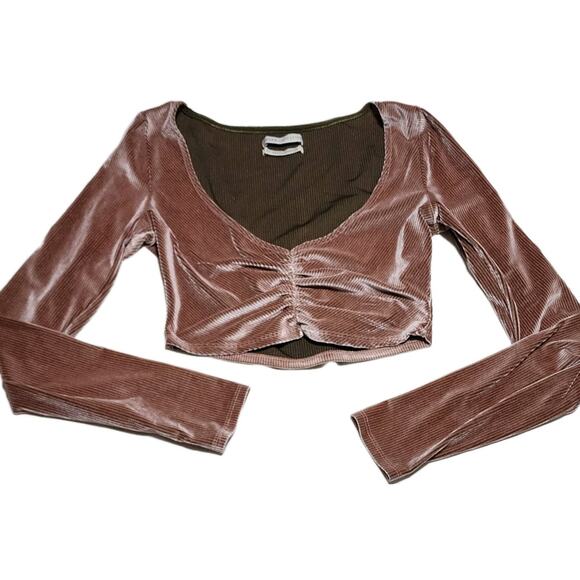 UO Paradox Ruched Mauvey Pink Velvet Ribbed Long Sleeve Cropped Top Small Petite - Picture 1 of 5